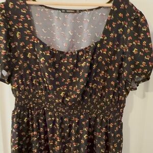 Floral Black Short-Sleeve Smocked Waist Dress